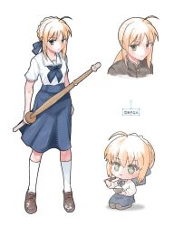  1girl ahoge artoria_pendragon_(fate) blonde_hair blue_skirt braid braided_base brown_pantyhose bun_with_braided_base chewing chopsticks cropped_shoulders ddong_pong deformed eating fate/stay_night fate_(series) full_body green_eyes hair_bun highres kendo kneehighs long_sleeves multiple_expressions pantyhose saber_(fate) school_uniform seiza serafuku short_sleeves sidelocks sideways_glance sitting skirt socks white_serafuku white_socks 