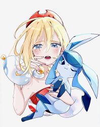  1girl blonde_hair blue_eyes blush bracelet breasts closed_mouth cocoa_s3 cropped_torso eyelashes glaceon hair_between_eyes hairband highres holding holding_pokemon irida_(pokemon) jewelry looking_at_viewer neck_ring one_eye_closed open_mouth pokemon pokemon_(creature) pokemon_legends:_arceus red_hairband red_shirt shirt short_hair simple_background small_breasts strapless strapless_shirt sweat teeth 