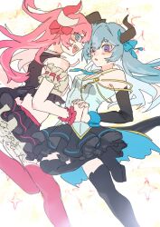  2girls :d :o black_skirt black_sleeves black_thighhighs blue_eyes blue_hair dress duoyun_de_tiankong highres holding_hands honkai_(series) honkai_impact_3rd horns interlocked_fingers liliya_olenyeva long_hair multiple_girls multiple_tails open_mouth pink_hair pink_thighhighs rozaliya_olenyeva siblings single_horn skirt smile tail thigh-highs twins 