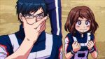  1990s_(style) 1boy 1girl blue_eyes blue_hair blush boku_no_hero_academia bracer breasts brown_eyes brown_hair clenched_hands closed_mouth derivative_work english_commentary glasses iida_tenya medium_hair mightyklra retro_artstyle screencap_redraw standing u.a._gym_uniform upper_body uraraka_ochako wavy_mouth 