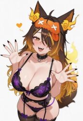  black_bra bra breasts demon_girl demon_tail highres huge_breasts mature_female sinder_(vtuber) smile tail thick_thighs thighs underwear 