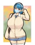  1girl bangs blue_hair breasts english_commentary erkaz headband highres huge_breasts looking_at_viewer mask mouth_mask original red_eyes rina_atherina school_uniform short_hair solo sweater white_headband 