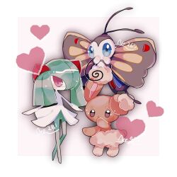  3girls beautifly blue_eyes brown_fur bug buneary colored_skin green_hair green_skin hair_over_one_eye heart highres horns insect_wings kirlia multicolored_skin multiple_girls niesxs pokemon pokemon_(creature) red_eyes sidelocks two-tone_fur two-tone_skin white_skin wings 