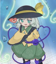  1girl air_bubble arm_behind_back black_boots black_hat blush boots bow bright_pupils bubble buttons collared_shirt commentary_request diamond_button disembodied_linked_eye eyeball floral_print frilled_shirt_collar frilled_sleeves frills green_eyes green_hair green_skirt hat hat_bow heart heart_of_string highres koishi_day komeiji_koishi long_sleeves looking_at_viewer open_mouth print_skirt purabird0370 rose_print shirt skirt sleeves_past_fingers sleeves_past_wrists smile solo touhou underwater white_pupils wide_sleeves yellow_bow yellow_shirt 