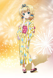  1girl aerial_fireworks blonde_hair blue_bow blue_eyes blue_hairband blue_ribbon bow clenched_hands fireworks floral_print floral_print_kimono full_body gochuumon_wa_usagi_desu_ka? hair_bow hair_ribbon hairband hand_on_own_cheek hand_on_own_face highres japanese_clothes kimono kirima_syaro looking_at_viewer official_art parted_lips print_kimono ribbon sandals short_hair solo standing striped_clothes striped_kimono vertical-striped_clothes vertical-striped_kimono yellow_background yellow_kimono yukata 