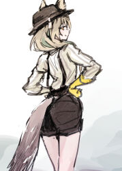  1girl arknights beanstalk_(arknights) black_hat black_shorts blush brown_eyes commentary_request cowboy_shot ears_through_headwear from_behind gloves hands_on_own_hips hat highres hyena_ears hyena_girl hyena_tail long_hair long_sleeves looking_at_viewer looking_back shirt shorts sideways_glance simple_background single_glove sketch smile solo striped_clothes striped_shirt suspender_shorts suspenders tsurubee_(tsurubee1) white_background white_shirt yellow_gloves 