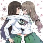 2girls bangs black_neckwear black_ribbon blunt_bangs breast_press breasts brown_eyes brown_hair closed_mouth commentary_request eye_contact eyebrows_visible_through_hair girls_und_panzer green_skirt hair_ribbon heart long_hair long_sleeves looking_at_another medium_breasts multiple_girls nakahira_guy nishizumi_shiho ooarai_school_uniform open_mouth ribbon school_uniform shimada_chiyo skirt smile symmetrical_docking white_background yuri 