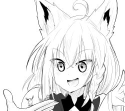  3girls :d \o/ absurdres ahoge alternate_size animal_ear_fluff animal_ears arms_up bigigts braid collarbone commentary dress english_commentary fox_ears fox_girl fox_shadow_puppet full_body giant giantess goat_girl goat_horns greyscale hair_between_eyes hands_up highres hololive horns in_palm long_hair long_sleeves looking_at_another lying medium_dress monochrome multiple_girls on_stomach open_mouth outstretched_arms portrait sakura_miko sakura_miko_(1st_costume) shirakami_fubuki shirakami_fubuki_(1st_costume) simple_background single_braid sketch smile standing tsunomaki_watame tsunomaki_watame_(1st_costume) vambraces virtual_youtuber 