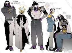  2boys artist_name barefoot chibi chibi_inset coat commentary_request facing_another facing_viewer full_body grey_jacket grey_pants grey_shirt hand_on_another's_chin highres jacket korean_commentary korean_text looking_at_another looking_at_viewer male_focus multiple_boys multiple_views overwatch pants ramattra_(overwatch) robot robot_boy screwdriver shirt sitting sleeveless sleeveless_shirt tank_top translation_request twitter_username under_d2p_sea white_background white_coat white_pants white_tank_top zenyatta_(overwatch) 