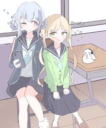  2girls absurdres alternate_costume bird black_sailor_collar black_skirt blonde_hair blue_hair blue_jacket blue_neckerchief braid braided_hair_rings brown_shoes cellphone chair closed_mouth collarbone commentary_request earphones green_eyes hair_rings headphones highres holding holding_phone jacket listening_to_music long_hair long_sleeves looking_at_another mahou_shoujo_no_majo_saiban march_23th multiple_girls neckerchief one_eye_closed open_mouth phone sailor_collar shared_earphones shirt shoes short_hair skirt smartphone smile socks tachibana_sherry tono_hanna twintails white_shirt white_socks yellow_eyes yuri 