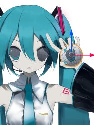  1girl absurdres aqua_eyes aqua_hair aqua_nails aqua_necktie arm_tattoo black_sleeves collared_shirt commentary detached_sleeves dot_nose ghost_cat_0w0 grid hair_between_eyes hatsune_miku headset highres looking_at_viewer necktie number_tattoo orb parted_lips shirt simple_background sleeveless sleeveless_shirt solo tattoo untranslatable_commentary vocaloid white_background wireframe 