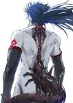  1boy arm_tattoo black_gloves blue_hair cowboy_shot cu_chulainn_(fate)_(all) cu_chulainn_alter_(fate/grand_order) earrings elbow_gloves fate/grand_order fate_(series) from_behind gloves homutatu horror_(theme) jewelry long_hair male_focus monster_boy simple_background solo spikes tail tattoo white_background white_skin 