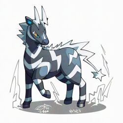  black_fur blue_eyes colored_sclera horns looking_to_the_side mistray-art no_humans pokemon pokemon_(creature) signature simple_background solo tail two-tone_fur white_background white_fur white_horns yellow_sclera zebra zebstrika 