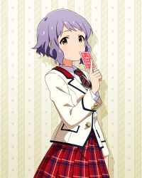  1girl blazer card card_commentary closed_mouth commentary_request cowboy_shot expressionless game_asset hand_up high_schoolmate_(idolmaster) holding holding_card idolmaster idolmaster_million_live! idolmaster_million_live!_theater_days jacket lapels long_sleeves looking_at_viewer makabe_mizuki necktie notched_lapels official_alternate_costume official_art plaid_clothes plaid_skirt playing_card pleated_skirt purple_hair red_skirt short_hair skirt solo standing striped_clothes striped_necktie third-party_source white_jacket yellow_eyes 