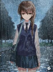  1girl bag black_necktie blue_sky blue_sweater braid brown_eyes brown_hair feet_out_of_frame girls_und_panzer highres long_hair necktie night outdoors pesu_no_kainushi rain rukuriri_(girls_und_panzer) school_uniform shirt single_braid sky solo st._gloriana's_school_uniform sweater tree wet white_shirt 