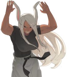  1girl absurdres animal_ears arms_up artist_name belt black_belt black_shirt boku_no_hero_academia breasts clenched_teeth commentary covered_abs dark-skinned_female dark_skin english_commentary floating_hair grey_pants highres large_breasts long_eyelashes long_hair looking_at_viewer mirko muscular muscular_female pants rabbit_ears rabbit_girl red_eyes shirt short_sleeves simple_background smile solo teeth very_long_hair watermark white_background white_hair yawz 