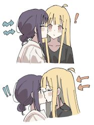  ! !! 2girls ahoge arrow_(symbol) black_shirt blonde_hair cho_kaguya-hime! closed_eyes commentary green_eyes hair_bun kaguya_(cho_kaguya-hime!) kiss kissing_cheek long_hair multiple_girls purple_hair s_(y7555128265305) sakayori_iroha school_uniform serafuku shirt simple_background upper_body white_background white_shirt yuri 