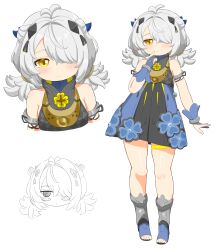  1girl absurdres bare_shoulders black_dress blue_bridal_gauntlets blue_dress blush bridal_gauntlets closed_mouth commentary_request dracaene_sunbringer dress grey_hair hair_over_one_eye highres kikuchi1111 multiple_views open-toe_shoes simple_background two-tone_dress white_background yellow_eyes zenless_zone_zero 