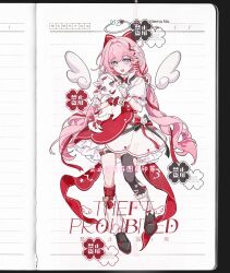  1girl absurdres animal animalization beret black_shoes black_thighhighs cat chinese_commentary commentary_request diamond-shaped_pupils diamond_(shape) dress elf elysia_(hi_love_elf)_(honkai_impact) elysia_(honkai_impact) halo hat highres holding holding_animal honkai_(series) honkai_impact_3rd hyurns leg_warmers lined_paper long_hair multicolored_hair paper_background person_and_animalization pink_hair pointy_ears red_dress shoes single_thighhigh smile solo symbol-shaped_pupils thigh-highs two-tone_hair very_long_hair violet_eyes watermark white_cat white_hair white_leg_warmers white_wings wings 