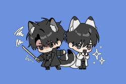  2boys animal_ears black_coat black_eyes black_hair blue_background chibi chibi_only coat commentary english_commentary fox_boy fox_ears fox_tail highres holding holding_phone holding_sword holding_weapon iunsei kemonomimi_mode kim_dokja male_focus multiple_boys omniscient_reader's_viewpoint phone shirt sword tail weapon white_coat white_shirt yoo_joonghyuk 
