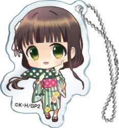  1girl animal_print brown_hair charm_(object) chibi copyright_logo copyright_notice floral_print floral_print_kimono flower full_body gochuumon_wa_usagi_desu_ka? green_eyes green_kimono hair_flower hair_ornament hair_ribbon hand_fan hand_on_own_cheek hand_on_own_face japanese_clothes kimono logo long_hair low-tied_long_hair official_art open_mouth print_kimono rabbit_print ribbon sandals simple_background solo standing striped_clothes striped_kimono ujimatsu_chiya vertical-striped_clothes vertical-striped_kimono white_background white_ribbon yukata 