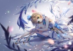  1girl blonde_hair cardcaptor_sakura crown dress from_side gloves green_eyes head_tilt high_heels kinomoto_sakura leg_hug lilithbloody looking_at_viewer looking_to_the_side sitting smile solo sparkle white_dress white_gloves white_wings wings 