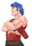  1boy adam&#039;s_apple blue_hair crossed_arms fatman_big holster looking_to_the_side male_focus muscle naked_sweater profile saitani_umetarou sentou_mecha_xabungle shoulder_holster sidelocks simple_background solo standing sweater thick_eyebrows white_background 
