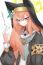  1girl absurdres airikannalover animal_ear_headwear animal_ears blue_archive blue_eyes cigarette fang flower halo highres holding holding_cigarette long_hair looking_at_viewer mari_(blue_archive) neckerchief nun orange_hair simple_background smile smoking solo white_background yellow_halo 