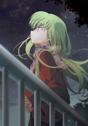  1girl c.c. coat code_geass creayus green_hair long_hair long_sleeves looking_up night night_sky outdoors red_coat scarf sky solo star_(sky) starry_sky yellow_eyes 