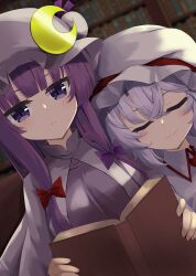  2girls akisome_hatsuka blush book bookshelf bow breasts closed_eyes closed_mouth collared_shirt commentary_request crescent crescent_hat_ornament dress hair_between_eyes hair_bow hat hat_ornament holding holding_book large_breasts long_hair mob_cap multiple_girls open_book patchouli_knowledge purple_bow purple_dress purple_hair reading red_bow remilia_scarlet shirt sleeping sleeping_on_person smile touhou upper_body violet_eyes white_hat white_shirt 
