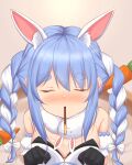  1girl absurdres animal_ear_fluff animal_ears blue_hair blush braid breasts bunny-shaped_pupils carrot_hair_ornament food food_themed_hair_ornament hair_ornament highres hololive kanti15 long_hair looking_at_viewer mouth_hold multicolored_hair pocky pocky_day rabbit_ears solo twin_braids usada_pekora virtual_youtuber white_hair 