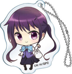  1girl bag black_outline black_pantyhose black_shoes black_skirt blue_bow blue_bowtie bow bowtie charm_(object) chibi closed_mouth collared_shirt copyright_logo copyright_notice full_body gochuumon_wa_usagi_desu_ka? hair_ornament hairclip holding holding_bag logo long_hair long_sleeves looking_at_viewer official_art outline pantyhose plastic_bag purple_hair purple_vest rabbit_house_uniform shirt shoes shopping_bag simple_background skirt smile solo standing striped_bow striped_bowtie striped_clothes tedeza_rize twintails vest violet_eyes white_background white_bag white_bow white_bowtie white_shirt 
