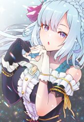  1girl absurdres animal_ears asymmetrical_footwear asymmetrical_gloves asymmetrical_sleeves bare_shoulders black_dress black_gloves blue_hair blush braid breasts center_frills crown_braid dress ear_ornament ear_ribbon frills gloves gradient_background hair_ornament heart heart_hands highres horse_ears horse_girl horse_tail long_hair looking_at_viewer mejiro_ardan_(crystalline)_(umamusume) mejiro_ardan_(umamusume) mismatched_gloves off-shoulder_dress off_shoulder pinwheel pinwheel_hair_ornament sky smile solo tail tomoe_no_kaminari umamusume uneven_sleeves violet_eyes white_gloves 