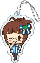 1girl akizuki_ritsuko antenna_hair black-framed_eyewear black_eyes black_pants blue_bow blue_shirt blush_stickers bow brown_hair charm_(object) chibi collared_shirt copyright_logo copyright_notice employee_uniform full_body glasses green_shoes hair_bow hair_ornament hand_on_own_hip hand_to_own_mouth heart heart_hair_ornament idolmaster logo official_art one_eye_closed open_mouth pants semi-rimless_eyewear shirt shoes short_sleeves simple_background solid_oval_eyes solo standing striped_bow striped_clothes striped_shirt under-rim_eyewear vertical-striped_clothes vertical-striped_shirt white_background white_bow white_shirt 