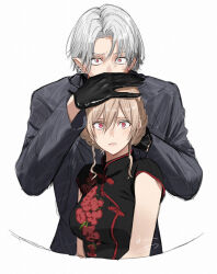  1boy 1girl bare_arms black_hair braid braided_base breasts brown_hair bun_with_braided_base chinese_clothes curly_sidelocks double-parted_bangs dress ear_piercing floral_print furen_e_lustario grey_jacket hair_bun hand_on_another's_head highres isshiki_(ffmania7) jacket kuzuha_(nijisanji) large_breasts long_sleeves looking_at_viewer nijisanji nijisanji_gta piercing pointy_ears red_eyes short_hair short_sleeves signature simple_background virtual_youtuber white_background white_hair wide-eyed 
