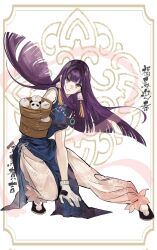  1girl bare_arms blue_dress blunt_ends china_dress chinese_clothes closed_mouth commentary commentary_request dress dynamic_pose earrings fern_(sousou_no_frieren) flats floating_hair floral_print food full_body gloves highres holding holding_tray hua_mou jewelry long_hair looking_at_viewer miu77063 necklace outstretched_leg pants pelvic_curtain print_dress print_pants purple_hair sleeveless sleeveless_dress sousou_no_frieren squatting steamed_bun tray very_long_hair violet_eyes 