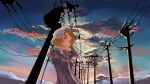 1girl 3735geriragouki blonde_hair blue_eyes bow commentary dress dusk hat hat_bow hat_ribbon holding holding_clothes holding_hat looking_at_viewer maribel_hearn mob_cap necktie power_lines purple_dress red_neckwear ribbon short_hair sky solo sunset touhou utility_pole 