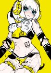  1girl absurdres android blue_eyes blush breasts cowboy_shot damaged eyebrows_visible_through_hair headphones headset highres long_hair medium_breasts microphone muzinneki navel original ponytail simple_background solo sweatdrop white_hair yellow_background yellow_theme 