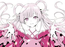  1girl cho_kaguya-hime! collarbone commentary_request floating_hair hair_ornament hair_rings hair_stick halterneck highres long_hair long_sleeves looking_at_viewer monochrome outstretched_arms parted_lips pink_eyes runami_yachiyo runami_yachiyo_(tsukuyomi) smile solo twintails upper_body white_background yabuki_kentarou 