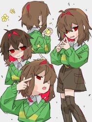  1other ahoge androgynous belt blush_stickers boots brown_boots brown_hair chara_(undertale) closed_mouth collared_shirt colored_inner_hair commentary_request cowboy_shot cropped_torso flower green_sweater hair_between_eyes hair_intakes hand_up hands_up heart heart_necklace high-waist_belt high-waist_shorts holding holding_jewelry holding_necklace jewelry long_sleeves looking_ahead looking_at_viewer multicolored_hair multiple_views necklace niyon_224 one_eye_closed own_hands_together parted_lips red_eyes red_hair shirt shirt_under_sweater short_hair shorts simple_background smile striped_clothes striped_sweater sweater teeth thigh_boots undertale upper_teeth_only utdr_(toby_fox) white_background white_shirt yellow_flower 