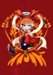  1girl absurdres clenched_hand cosplay gud_luck hair_rings highres hololive hololive_english japanese_clothes looking_at_viewer orange_background orange_hair sakuna:_of_rice_and_ruin sakuna_(sakuna:_of_rice_and_ruin) sakuna_(sakuna:_of_rice_and_ruin)_(cosplay) solo takanashi_kiara v-shaped_eyebrows violet_eyes virtual_youtuber walking 