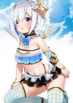  1girl :o absurdres amane_kanata armband bangs bare_shoulders black_skirt blue_bow blue_legwear blue_sky blue_sleeves blush bow breasts crop_top detached_sleeves eyebrows_visible_through_hair feathered_wings hair_between_eyes highres hololive kneeling kobi_(piliheros2000) layered_skirt mini_wings multicolored_hair navel parted_lips plaid plaid_legwear plaid_sleeves pleated_skirt puffy_short_sleeves puffy_sleeves short_sleeves silver_hair skirt sky small_breasts thigh-highs two-tone_hair virtual_youtuber white_background white_skirt white_wings wings 