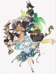  2boys 2girls animal_ear_fluff animal_ears black_gloves black_hair black_pants blue_hair bow_(weapon) brown_hair capelet collei_(genshin_impact) commentary_request dress earrings faruzan_(genshin_impact) fingerless_gloves flower fox_boy fox_ears fox_tail genshin_impact gloves green_capelet green_eyes grey_background grey_hair hair_between_eyes hair_ornament highres holding holding_bow_(weapon) holding_weapon jewelry long_hair mugi_(kyom_ugi) multicolored_hair multiple_boys multiple_girls one_eye_closed open_mouth pants sethos_(genshin_impact) simple_background single_earring tail tighnari_(genshin_impact) twintails twitter_username violet_eyes weapon 