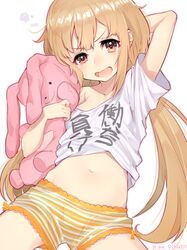  1girl artist_name bike_shorts blonde_hair blush brown_eyes clothes_writing futaba_anzu idolmaster idolmaster_cinderella_girls long_hair mika_pikazo navel off_shoulder open_mouth shirt shorts smile solo striped striped_bike_shorts stuffed_animal stuffed_bunny stuffed_toy t-shirt twintails wavy_mouth you_work_you_lose 