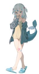  1girl :d absurdres arm_at_side bandaid bandaid_on_knee bandaid_on_leg bare_legs bare_shoulders blue_eyes blue_hair blue_jacket blue_slippers blunt_bangs collarbone commentary fins fish_tail full_body gawr_gura hair_ornament hand_to_own_mouth hanho heart heart-shaped_bandaid highres hololive hololive_english jacket korean_commentary light_blush long_hair long_sleeves looking_at_viewer multicolored_hair off_shoulder open_mouth shark_hair_ornament shark_tail sharp_teeth simple_background sleeves_past_wrists slippers smile solo spaghetti_strap streaked_hair tail teeth two-tone_hair two_side_up virtual_youtuber white_background white_hair yellow_chemise 