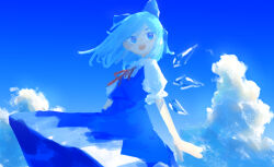  1girl blue_bow blue_hair blue_skirt blue_sky blue_theme blue_vest blush bow cirno clouds commentary cowboy_shot day detached_wings facing_viewer floating_clothes floating_hair hair_bow highres ice ice_wings kahayu4 medium_hair open_mouth outdoors puffy_short_sleeves puffy_sleeves shirt short_sleeves sideways_glance skirt sky smile solo touhou vest white_shirt wings 