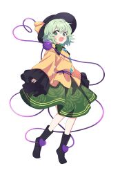  1girl baba_(baba_seimaijo) black_boots black_hat blush boots buttons collared_shirt contrast_collar diamond_button disembodied_linked_eye eyeball floral_print frilled_shirt_collar frilled_sleeves frills full_body green_eyes green_hair green_skirt hat hat_ribbon heart heart_of_string highres komeiji_koishi long_sleeves looking_at_viewer medium_hair open_mouth ribbon rose_print second-party_source shirt simple_background skirt smile solo touhou transparent_background wide_sleeves yellow_ribbon yellow_shirt 