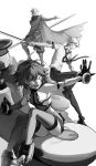  1girl 2boys ;o absurdres bodysuit boots breasts cloak collared_shirt crow_armbrust double-blade eiyuu_densetsu eyebrows_visible_through_hair gloves greyscale grin hair_between_eyes headband highres holding holding_sword holding_weapon index_finger_raised katana loose_necktie millium_orion monochrome multiple_boys necktie one_eye_closed open_mouth pants rean_schwarzer rushkat_730 sen_no_kiseki shirt short_hair short_sleeves simple_background sitting small_breasts smile sword thigh-highs thighs weapon white_background wing_collar 
