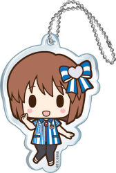 1girl black_eyes black_pants blue_bow blue_shirt blush_stickers bob_cut bow brown_hair charm_(object) chibi collared_shirt copyright_logo copyright_notice employee_uniform full_body hagiwara_yukiho hair_bow hair_ornament heart heart_hair_ornament idolmaster logo official_art open_mouth pants shirt shoes short_hair short_sleeves simple_background solid_oval_eyes solo standing standing_on_one_leg striped_bow striped_clothes striped_shirt vertical-striped_clothes vertical-striped_shirt white_background white_bow white_shirt white_shoes 