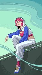  1girl absurdres bandeau bridge city commentary derpixon dress english_commentary green_eyes heart heart-shaped_pupils highres hood hooded_dress hoodie long_hair looking_at_viewer original pants pedestrian_bridge pink_hair pink_socks pixen_(derpixon) red_bandeau sitting skyline socks solo streetwear symbol-shaped_pupils white_hoodie white_pants wind zipper_dress 